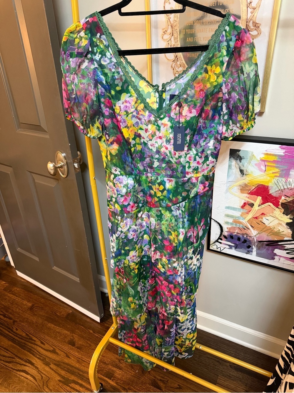 Marchesa Green Floral V-Neck Midi Dress